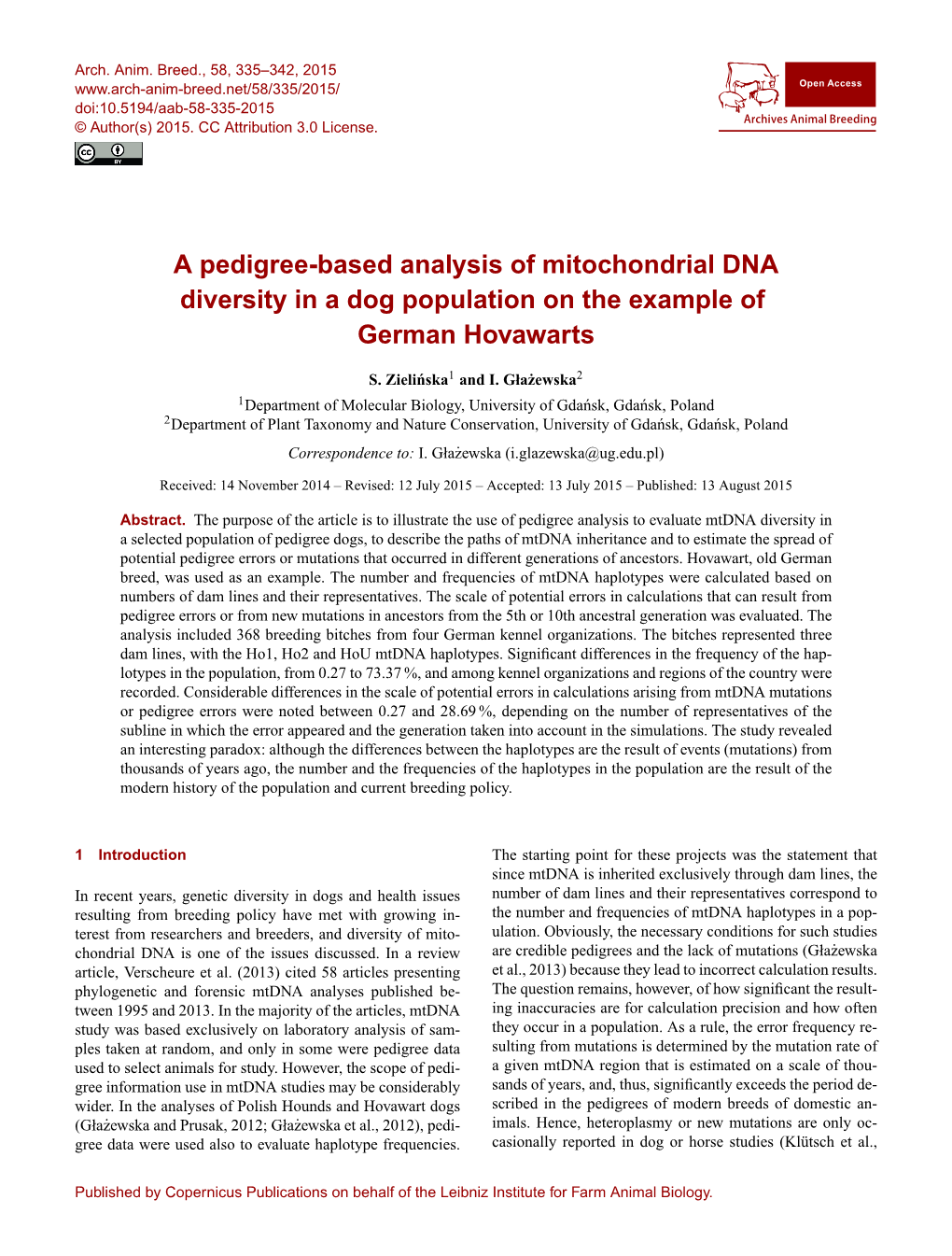 A Pedigree-Based Analysis of Mitochondrial DNA Diversity in a Dog Population on the Example of German Hovawarts