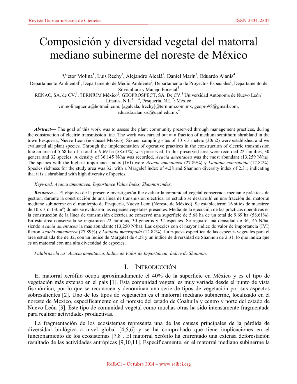 Composición Y Diversidad Vegetal Del Matorral Mediano Subinerme Del Noreste De México