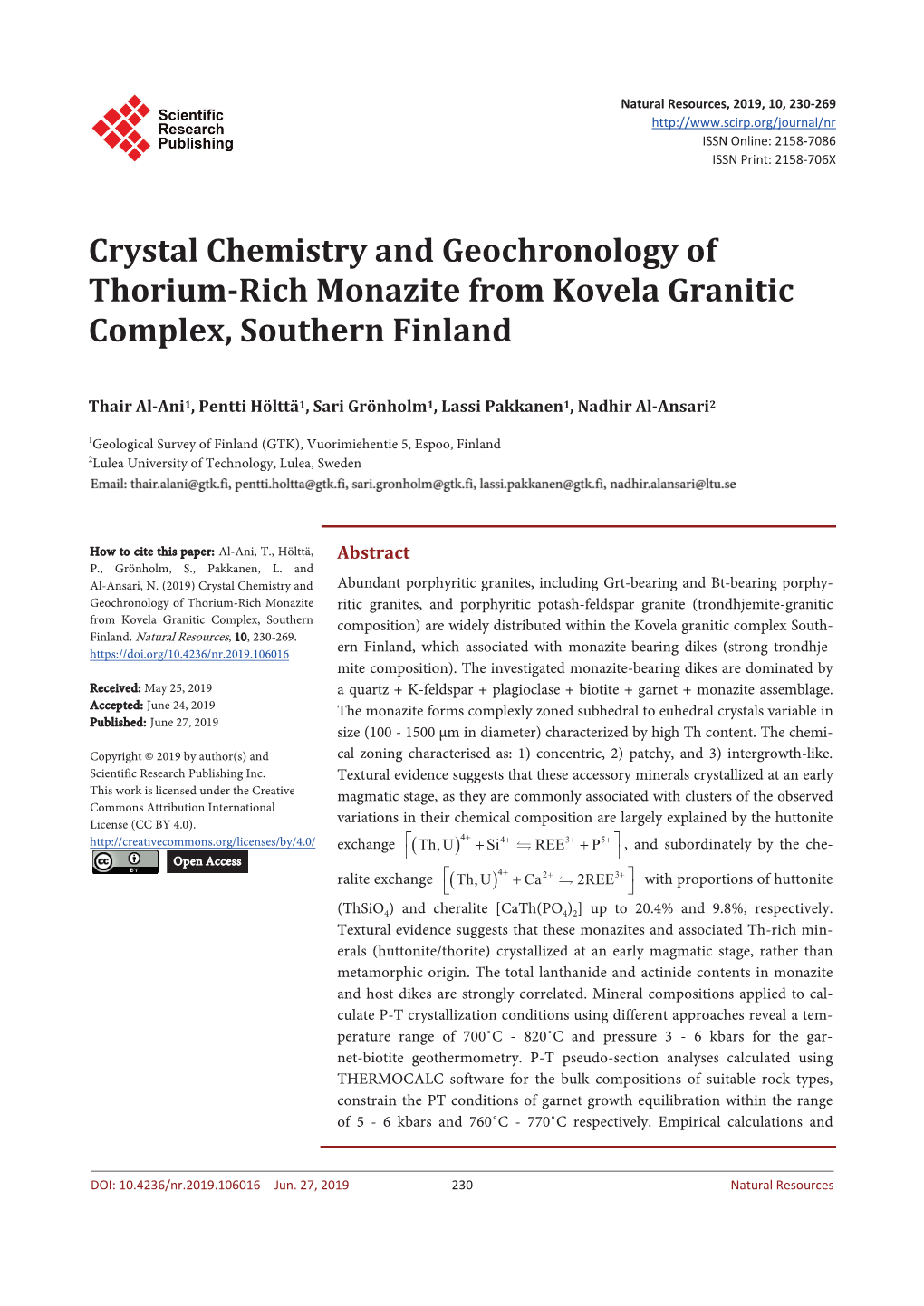 Crystal Chemistry and Geochronology of Thorium-Rich Monazite from Kovela Granitic Complex, Southern Finland