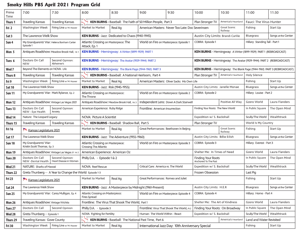 Smoky Hills PBS April 2021 Program Grid