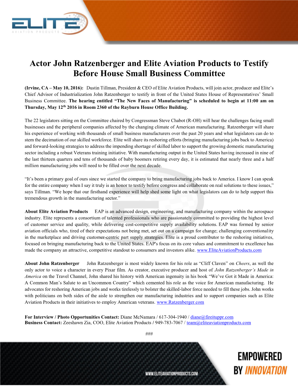 Actor John Ratzenberger and Elite Aviation Products to Testify Before House Small Business Committee