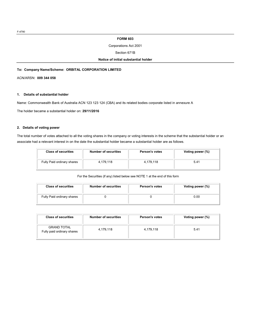 FORM 603 Corporations Act 2001 Section 671B Notice