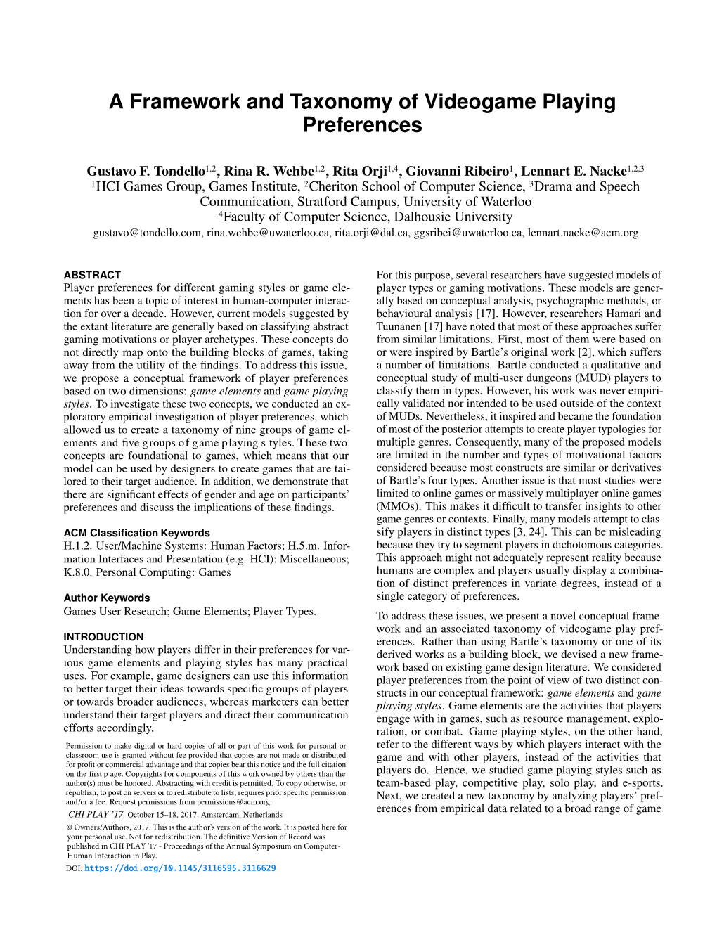 A Framework and Taxonomy of Videogame Playing Preferences