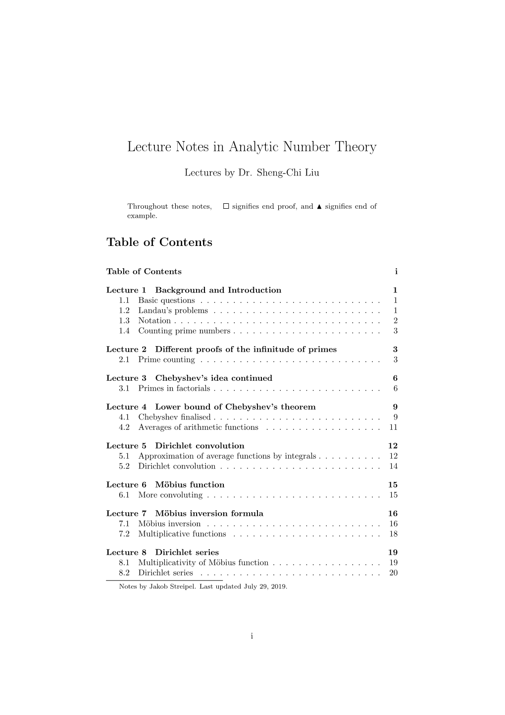 Lecture Notes in Analytic Number Theory