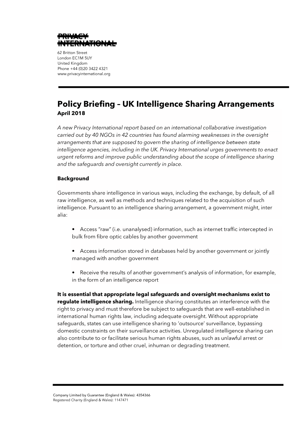 Policy Briefing – UK Intelligence Sharing Arrangements April 2018