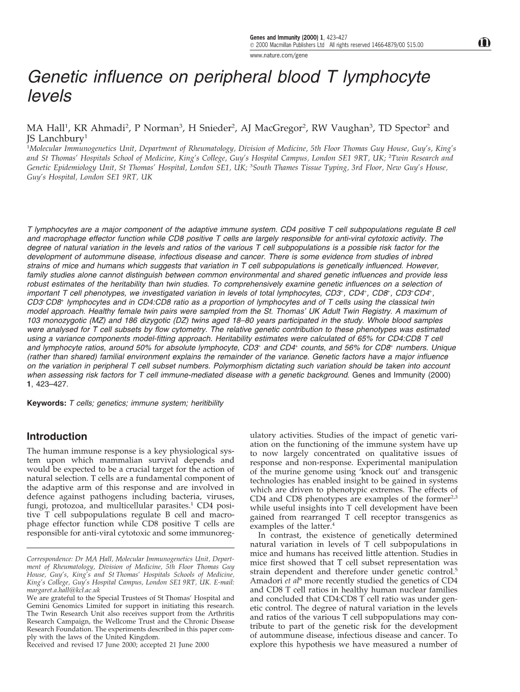 Genetic Influence on Peripheral Blood T Lymphocyte Levels