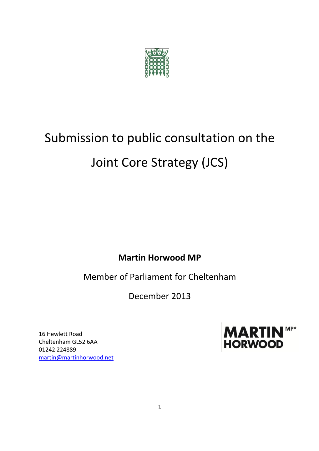 Submission to Public Consultation on the Joint Core Strategy (JCS)