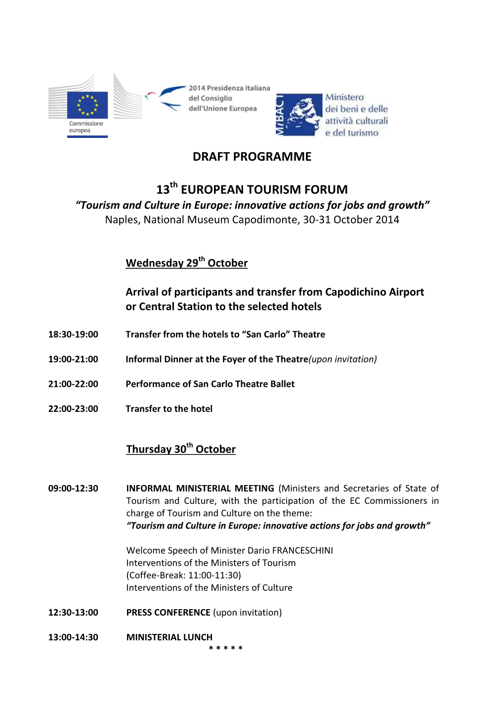 Draft Programme 13 European Tourism Forum