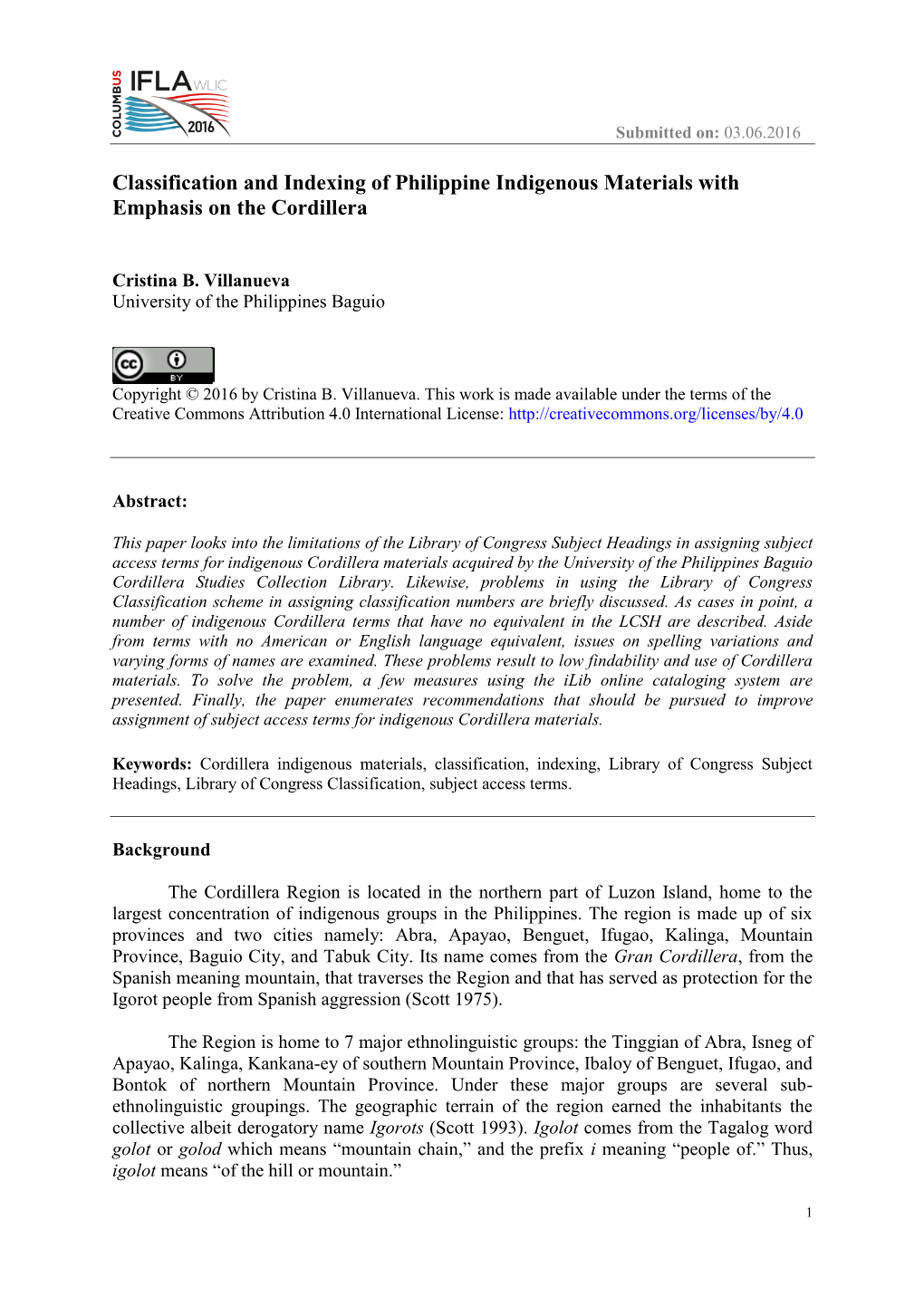 Classification and Indexing of Philippine Indigenous Materials with Emphasis on the Cordillera