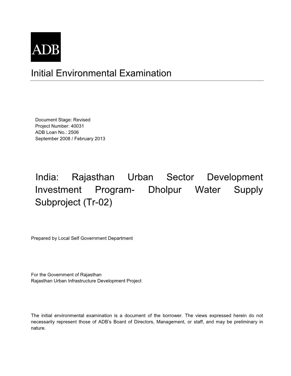 IEE: India: Rajasthan Urban Sector Development Investment Program