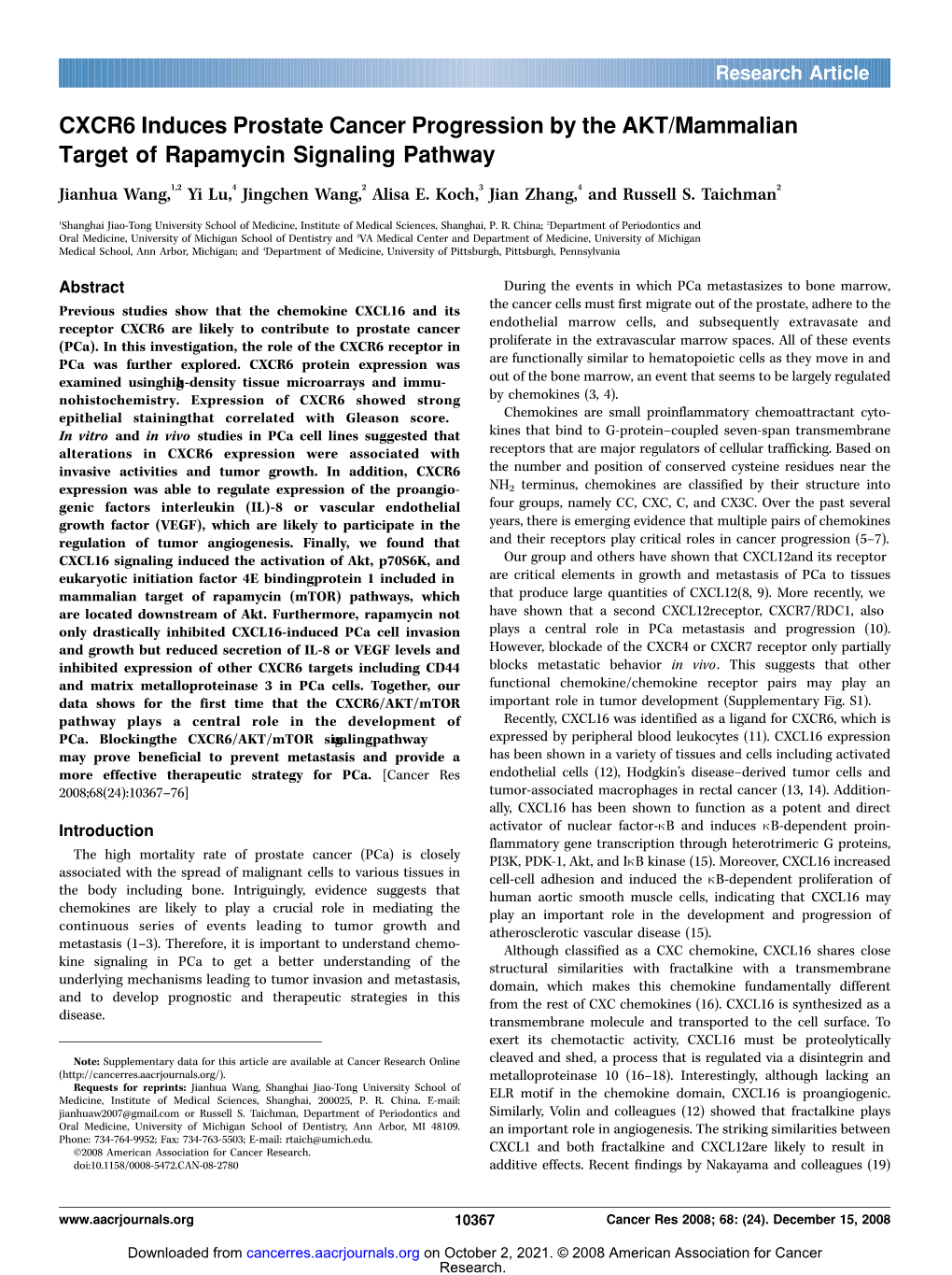 CXCR6 Induces Prostate Cancer Progression by the AKT/Mammalian Target of Rapamycin Signaling Pathway