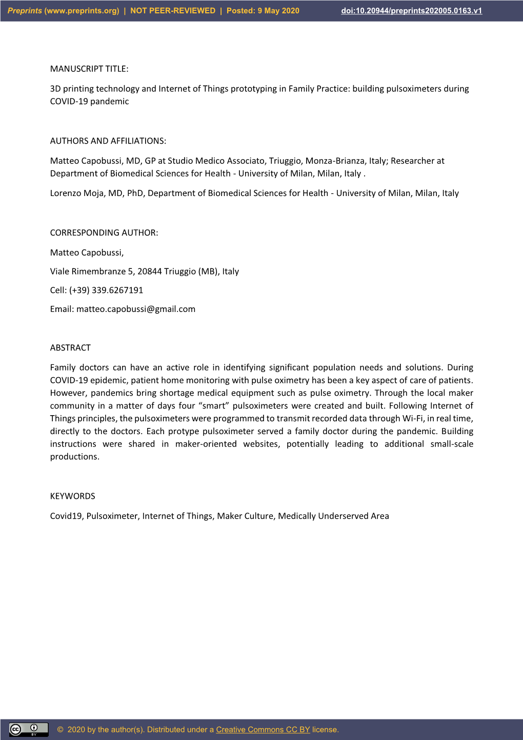 3D Printing Technology and Internet of Things Prototyping in Family Practice: Building Pulsoximeters During COVID-19 Pandemic