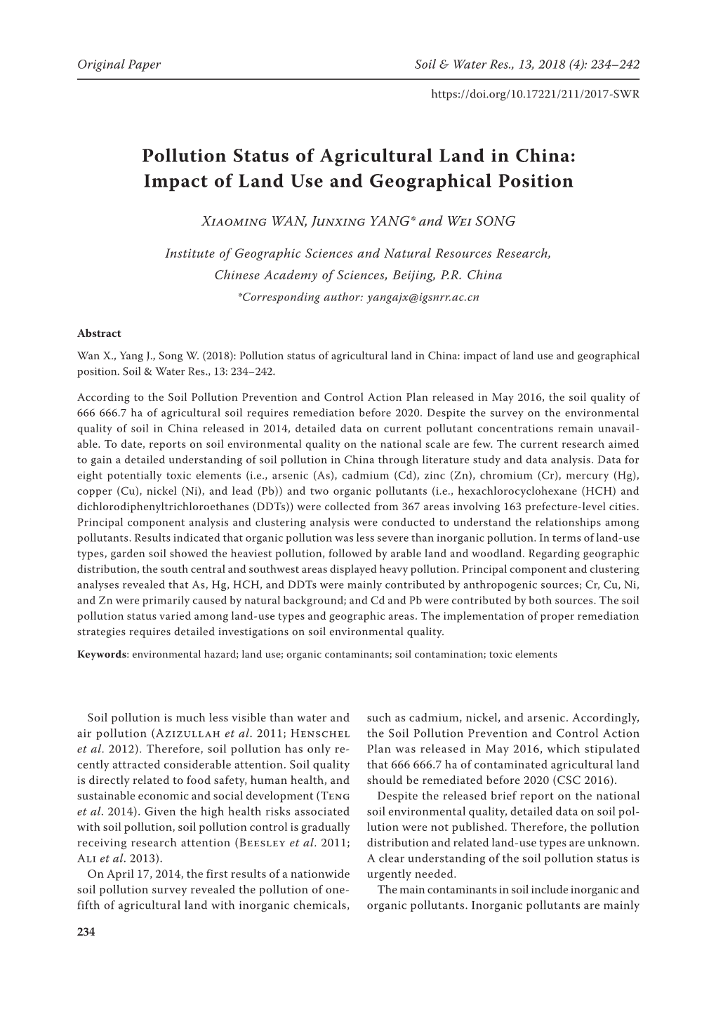 Pollution Status of Agricultural Land in China: Impact of Land Use and Geographical Position