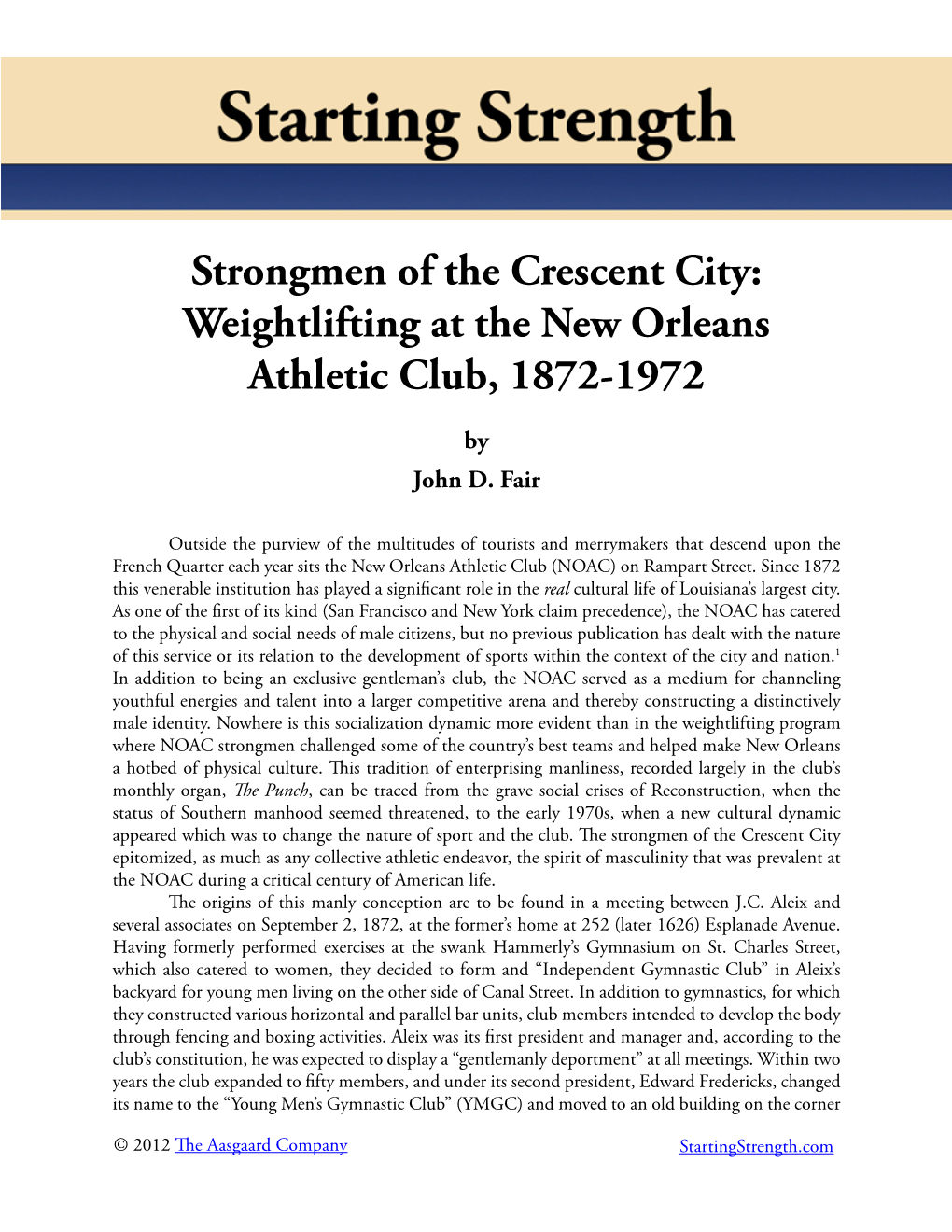 Weightlifting at the New Orleans Athletic Club, 1872-1972