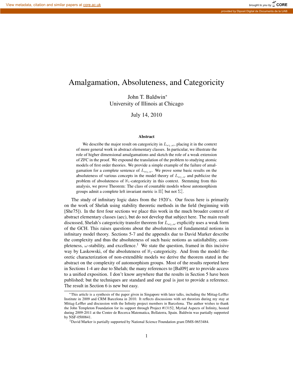 Amalgamation, Absoluteness, and Categoricity