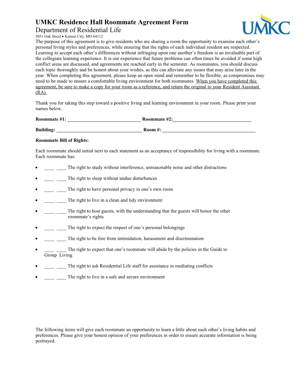 UMKC Residence Hall Roommate Agreement Form