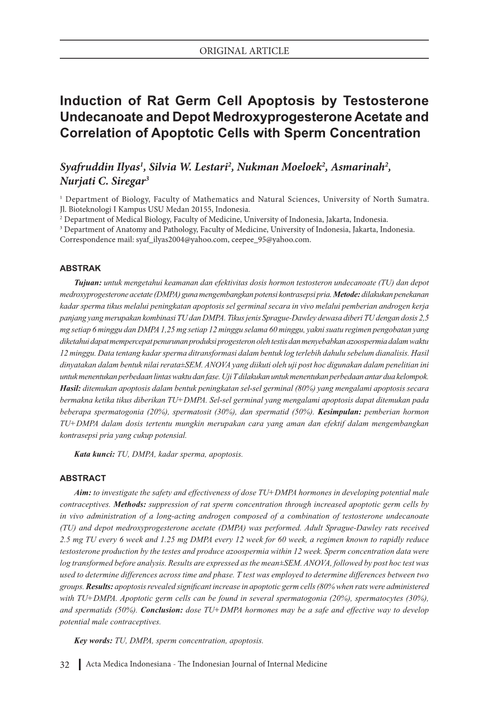 Induction of Rat Germ Cell Apoptosis by Testosterone Undecanoate and Depot Medroxyprogesterone Acetate and Correlation of Apoptotic Cells with Sperm Concentration