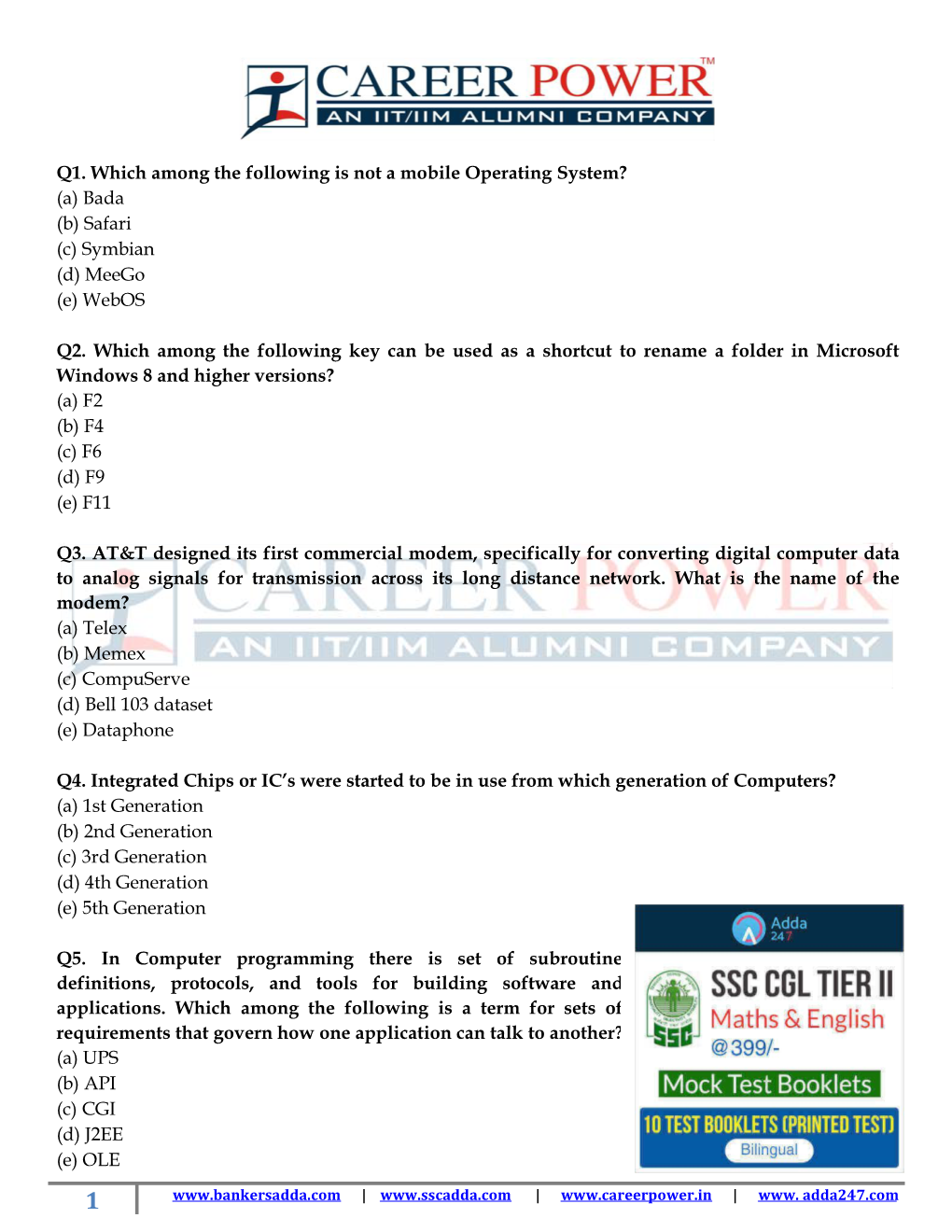 Q1. Which Among the Following Is Not a Mobile Operating System? (A) Bada (B) Safari (C) Symbian (D) Meego (E) Webos