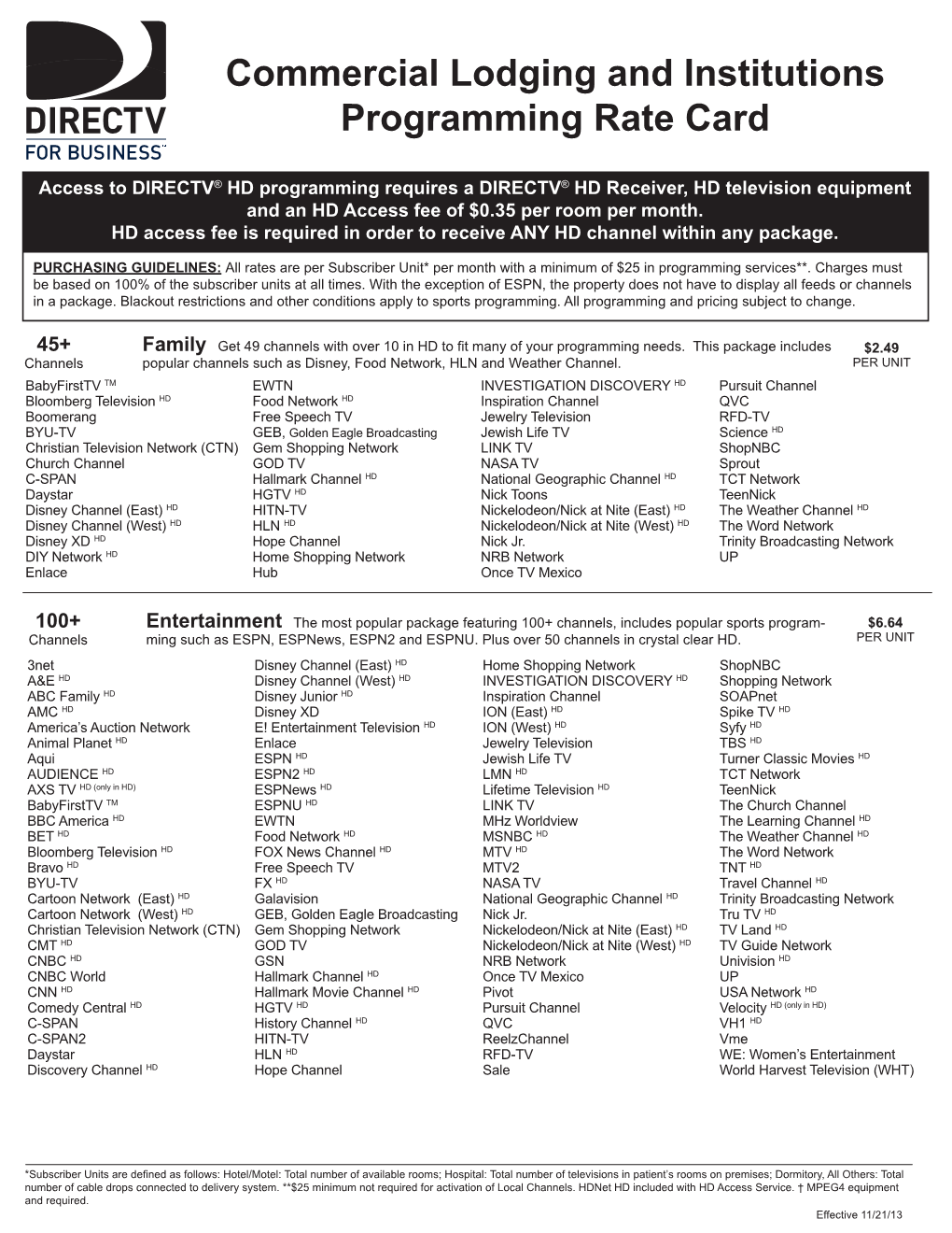 Commercial Lodging and Institutions Programming Rate Card