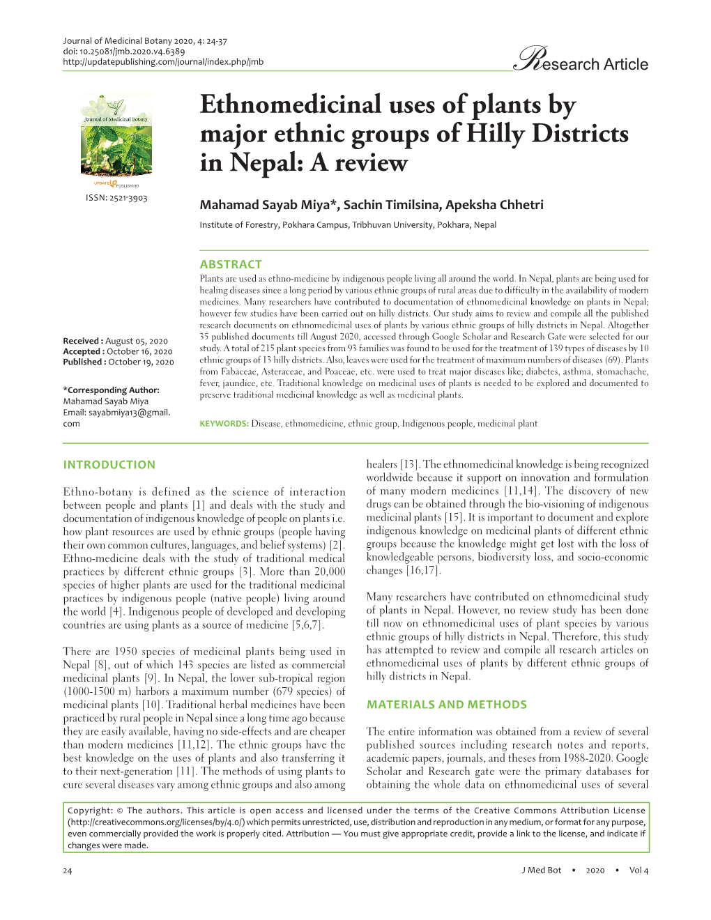 Ethnomedicinal Uses of Plants by Major Ethnic Groups of Hilly Districts in Nepal: a Review