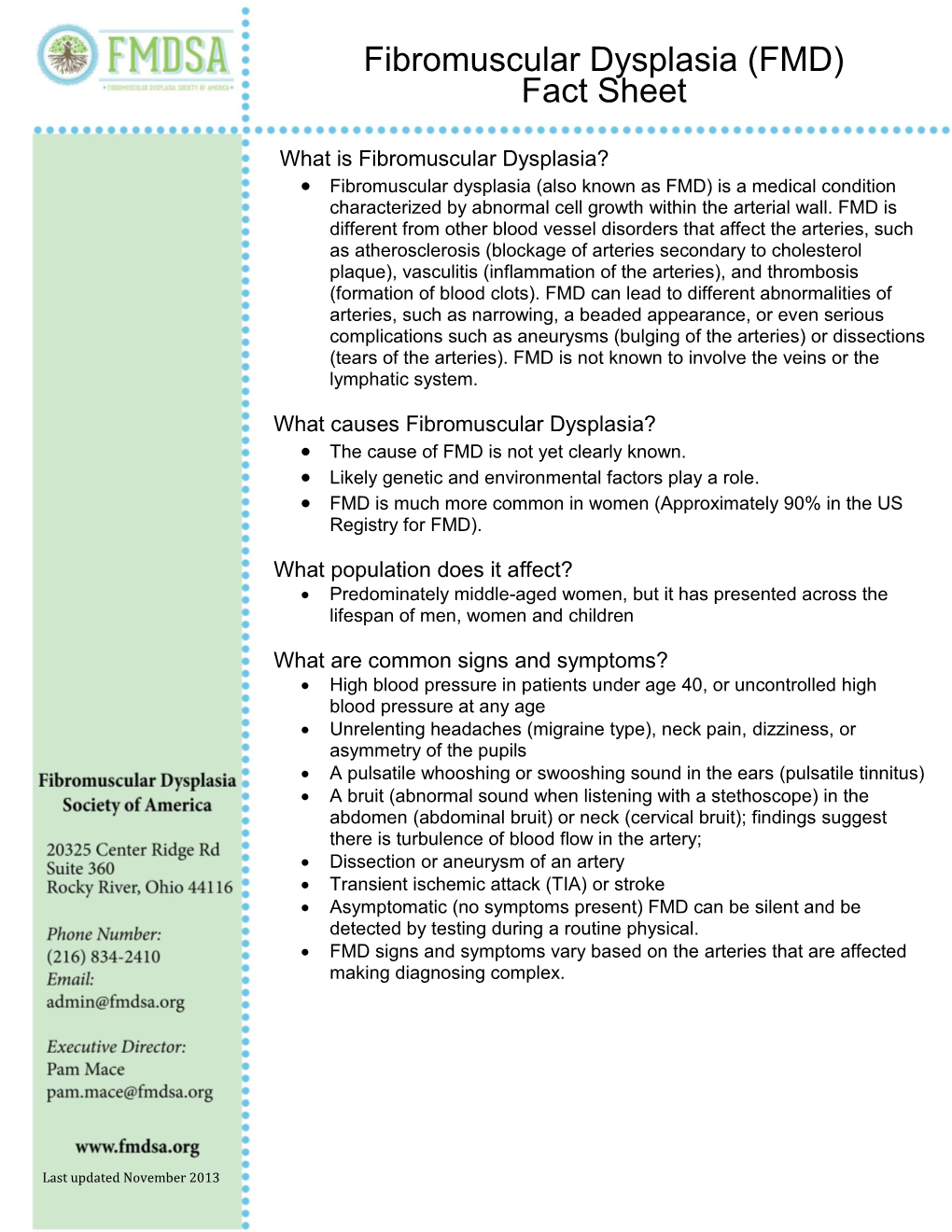 Fibromuscular Dysplasia (FMD) Fact Sheet