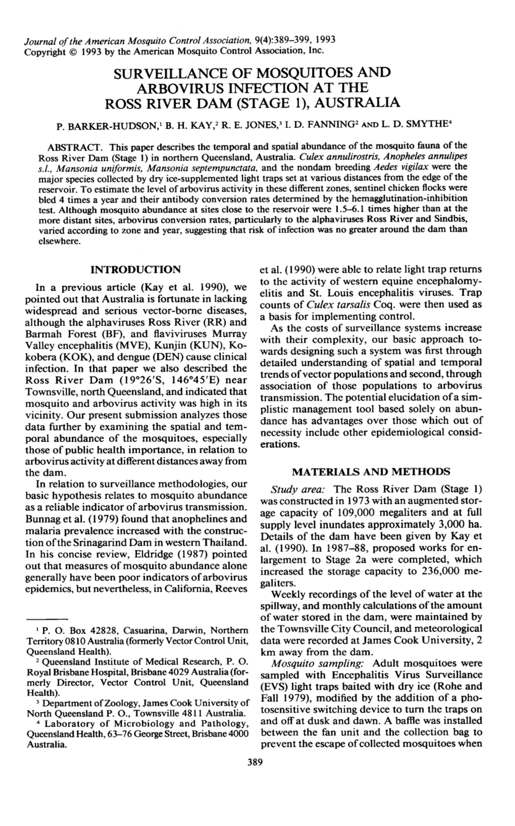 Surveillance of Mosquitoes and Arbovirus Infection at the Ross River Dam (Stage 1), Australia