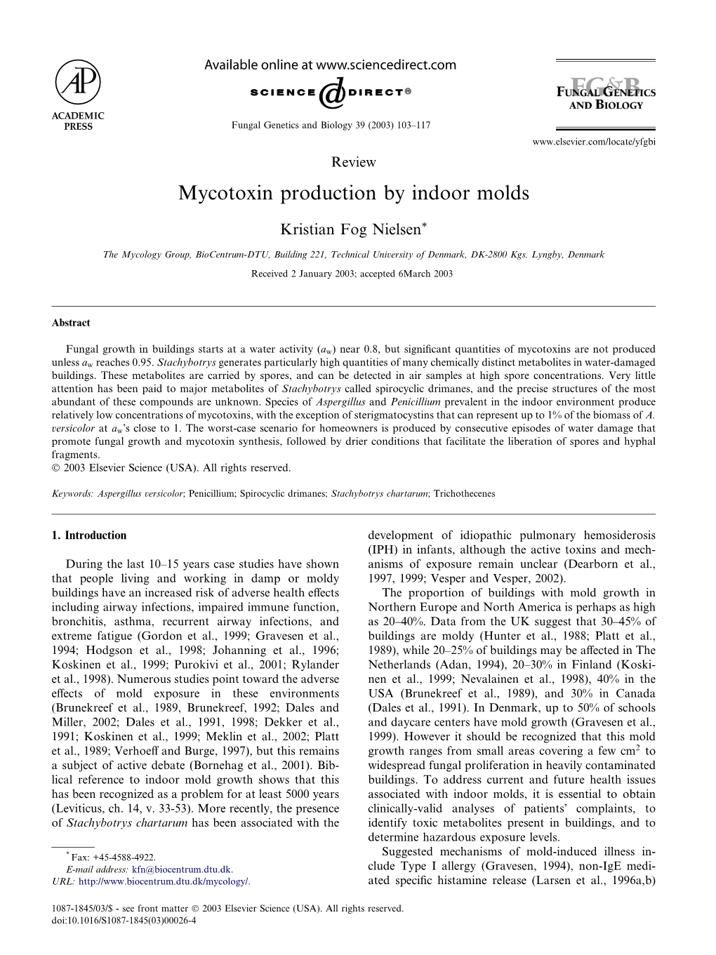 Mycotoxin Production by Indoor Molds