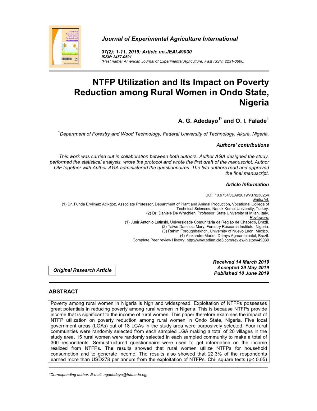 NTFP Utilization and Its Impact on Poverty Reduction Among Rural Women in Ondo State, Nigeria