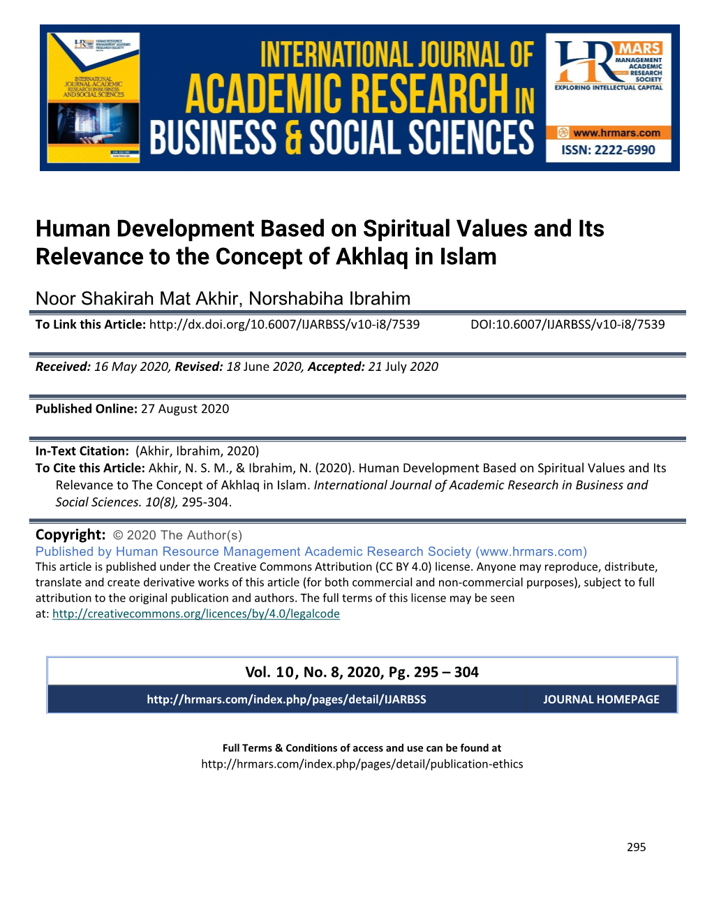 Human Development Based on Spiritual Values and Its Relevance to the Concept of Akhlaq in Islam