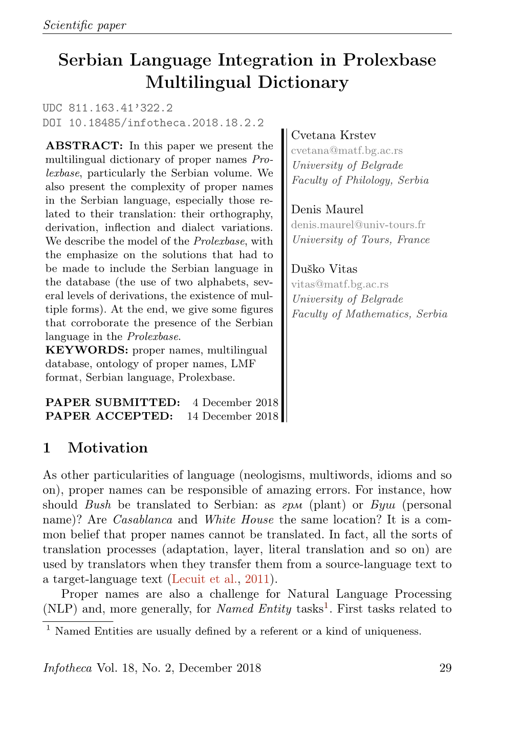 Serbian Language Integration in Prolexbase Multilingual Dictionary