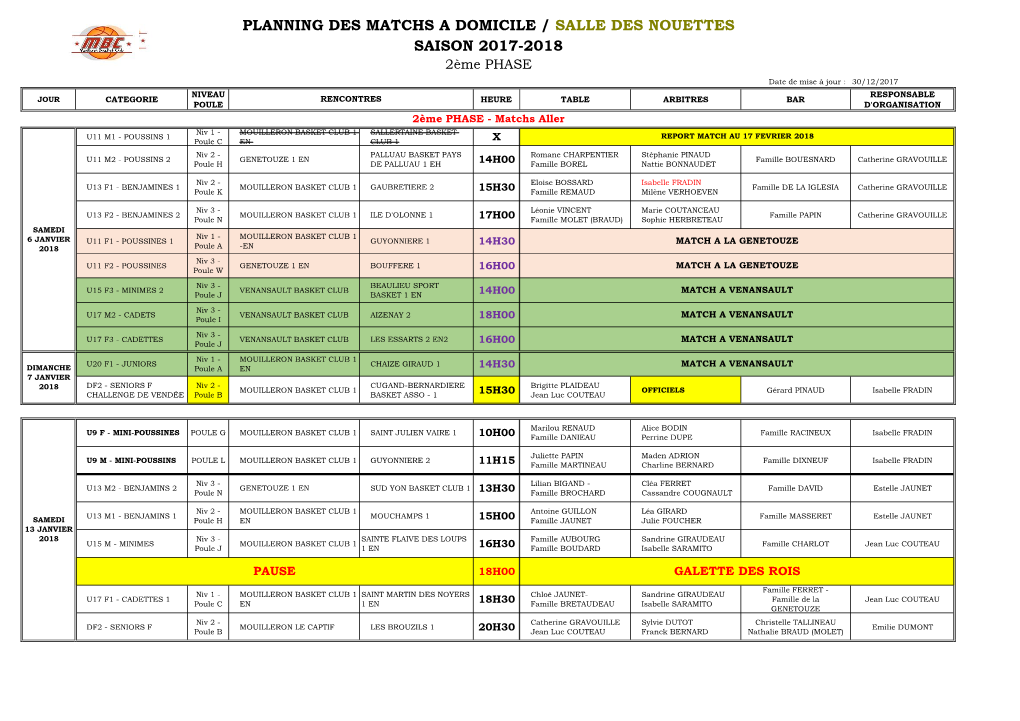 Planning Des Matchs a Domicile