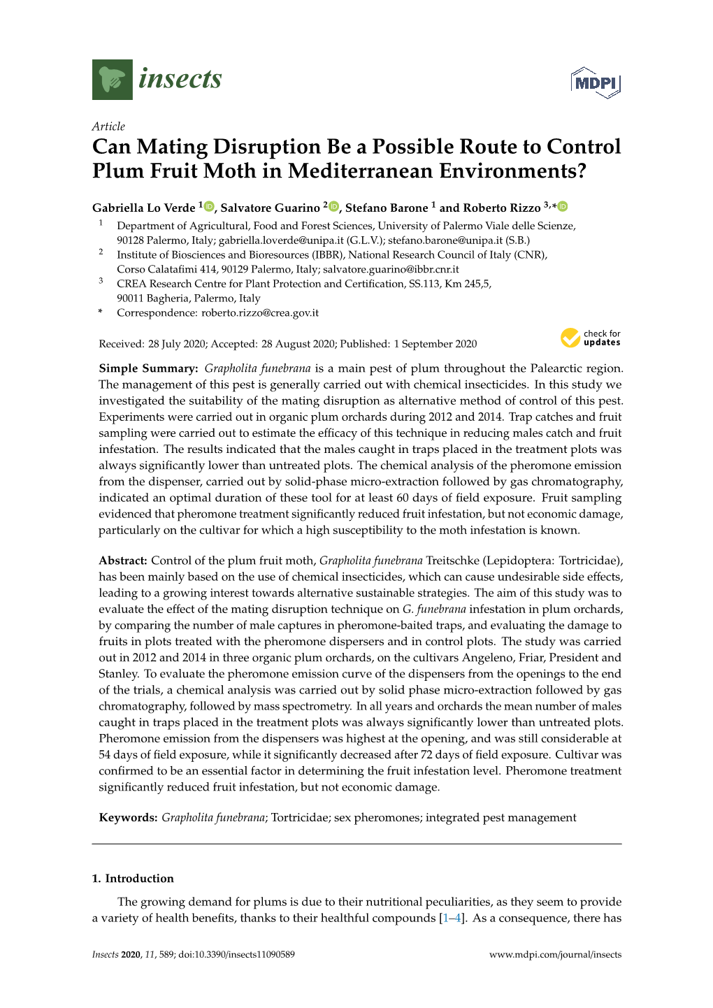 Can Mating Disruption Be a Possible Route to Control Plum Fruit Moth in Mediterranean Environments?