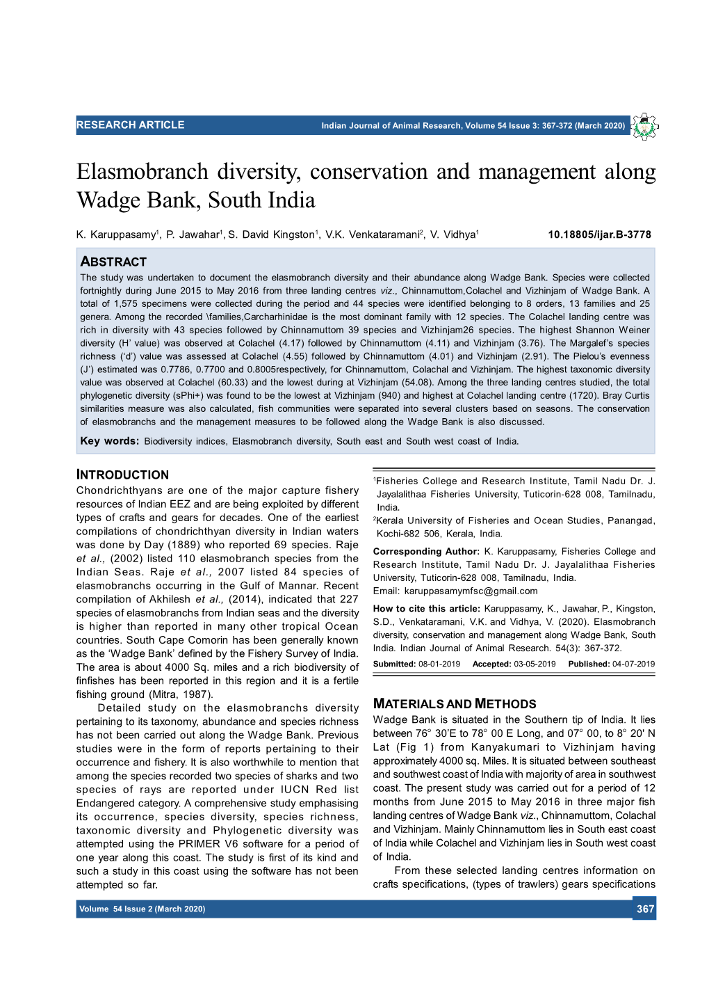 Elasmobranch Diversity, Conservation and Management Along Wadge Bank, South India