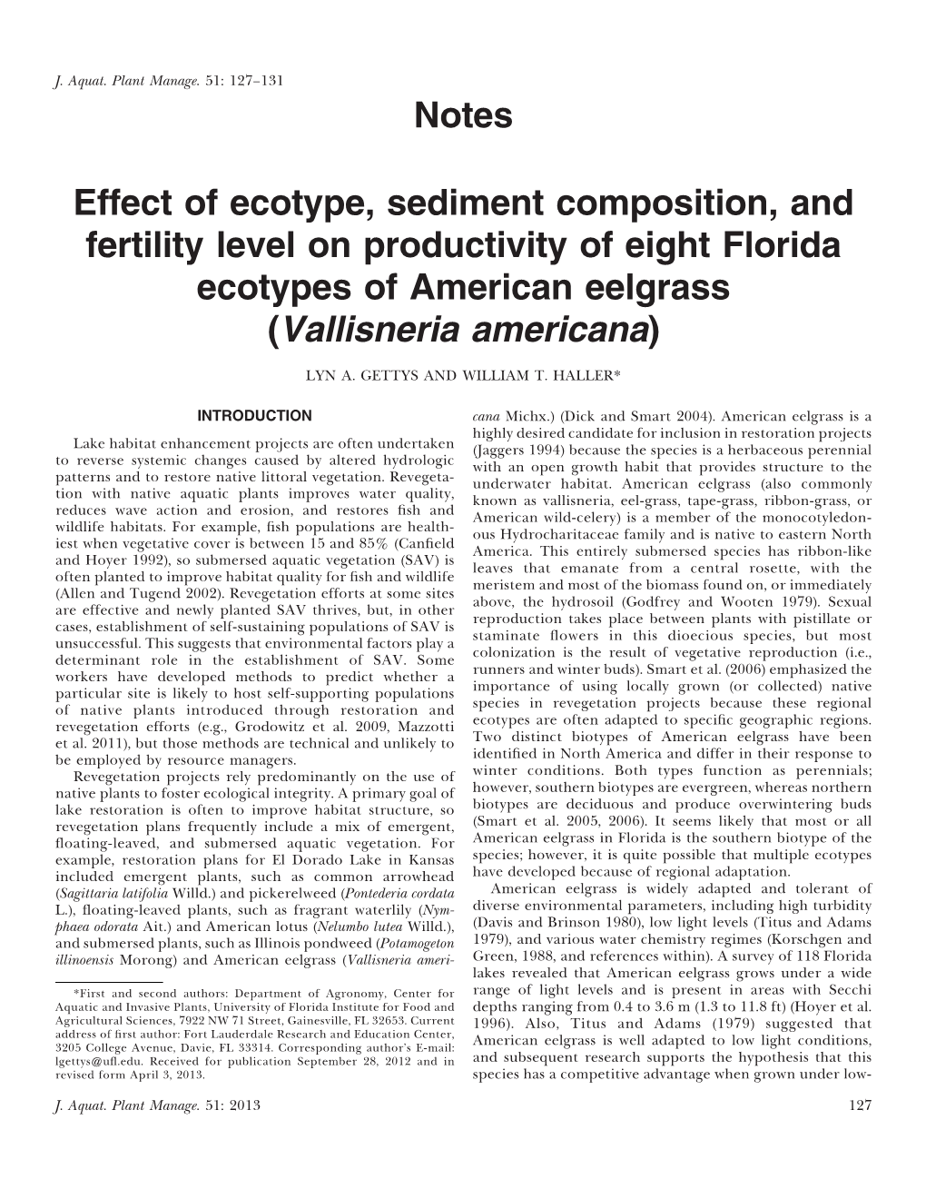 Notes Effect of Ecotype, Sediment Composition, and Fertility Level On