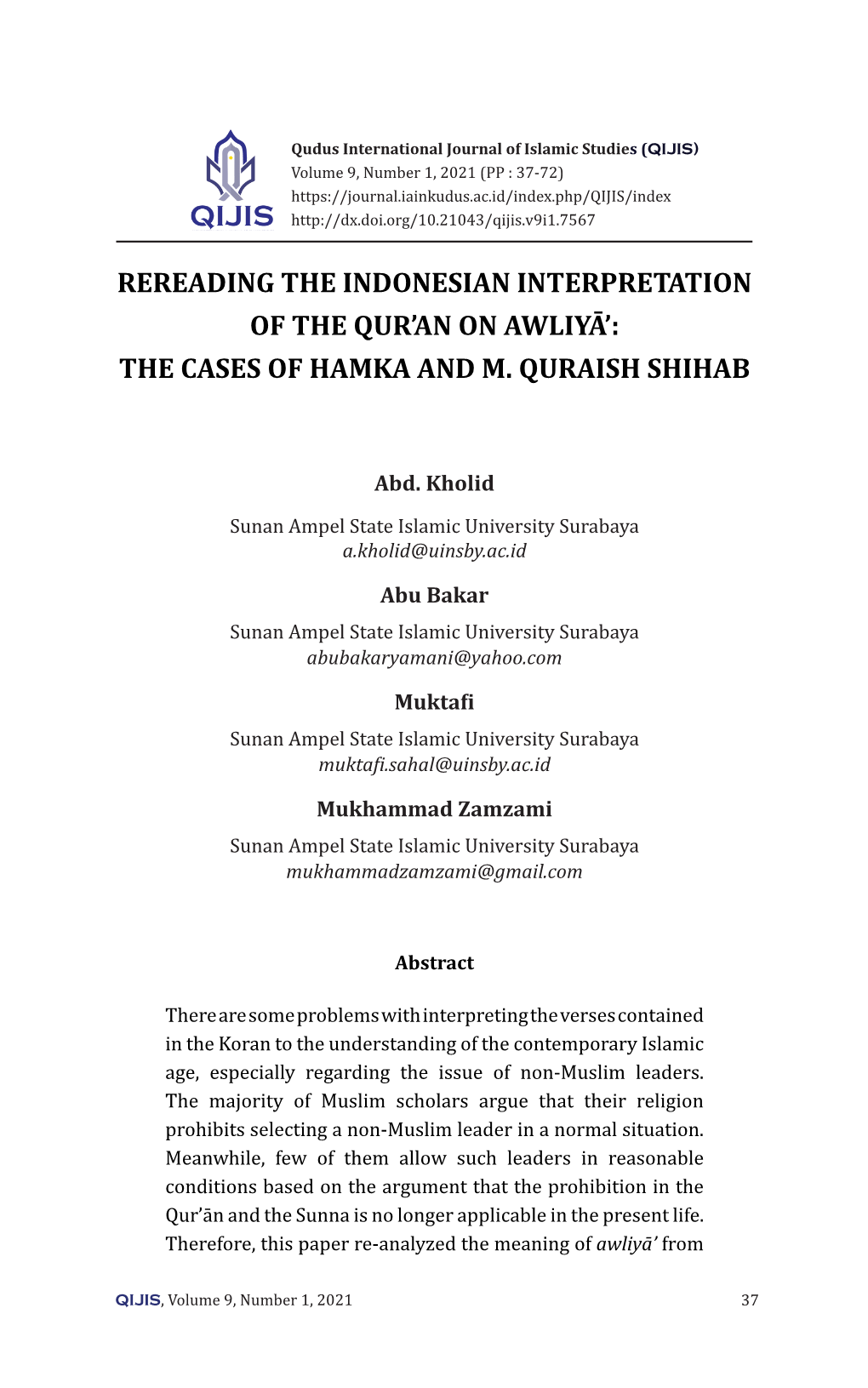 Rereading the Indonesian Interpretation of the Qur'an on Awliyā': the Cases of Hamka and M. Quraish Shihab