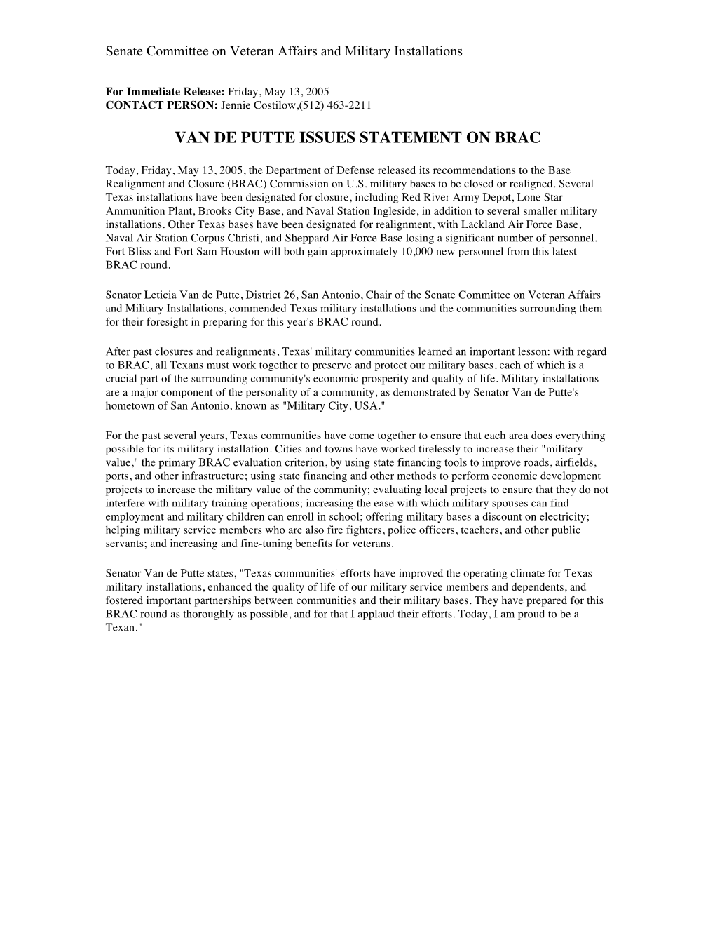 Van De Putte Issues Statement on Brac