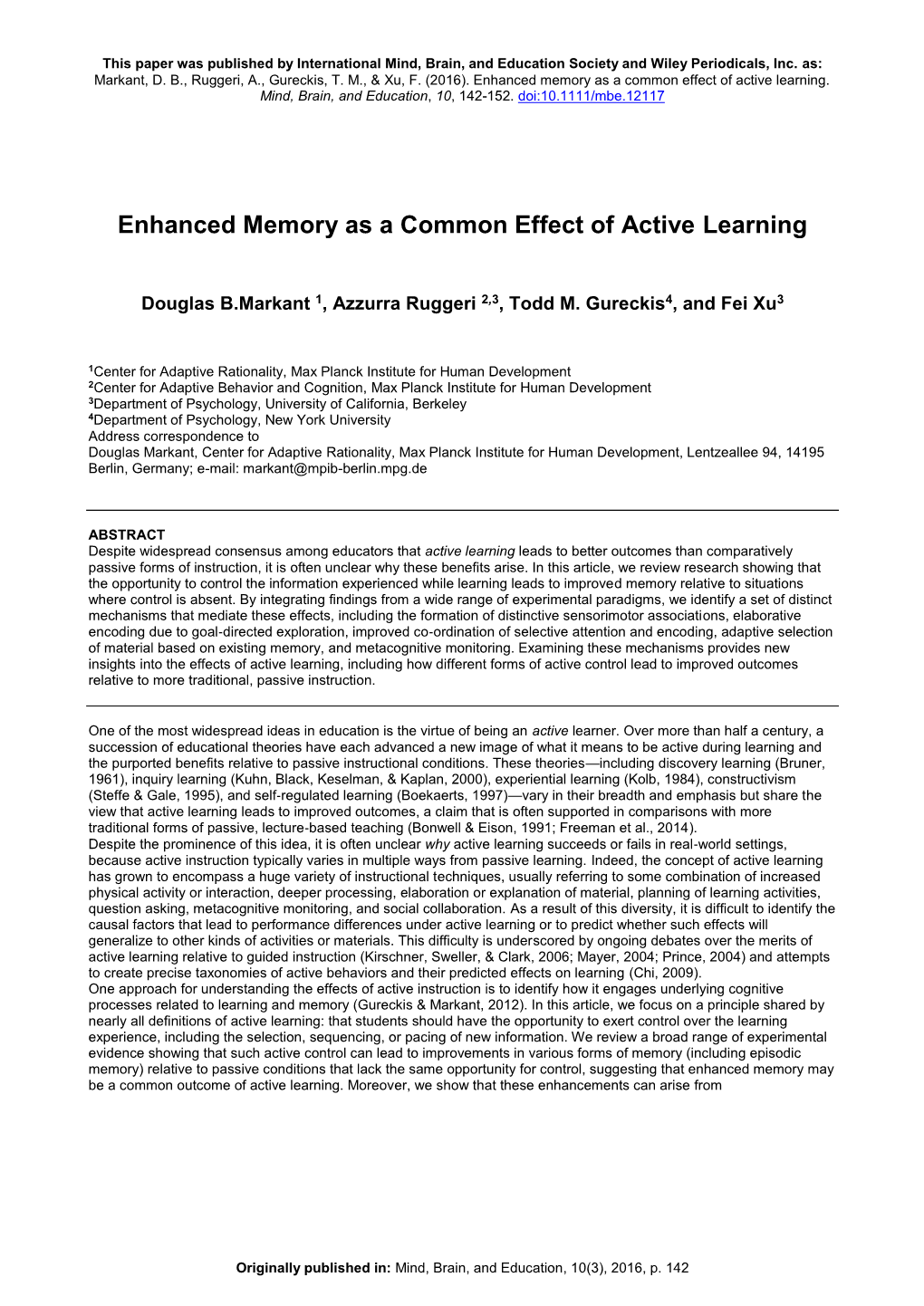 Enhanced Memory As a Common Effect of Active Learning