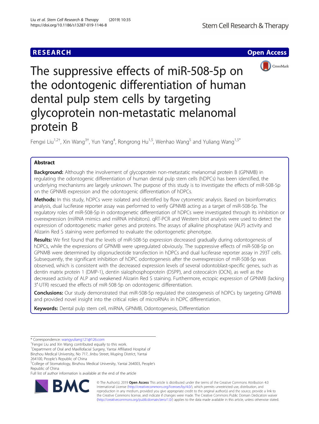 The Suppressive Effects of Mir-508-5P on the Odontogenic