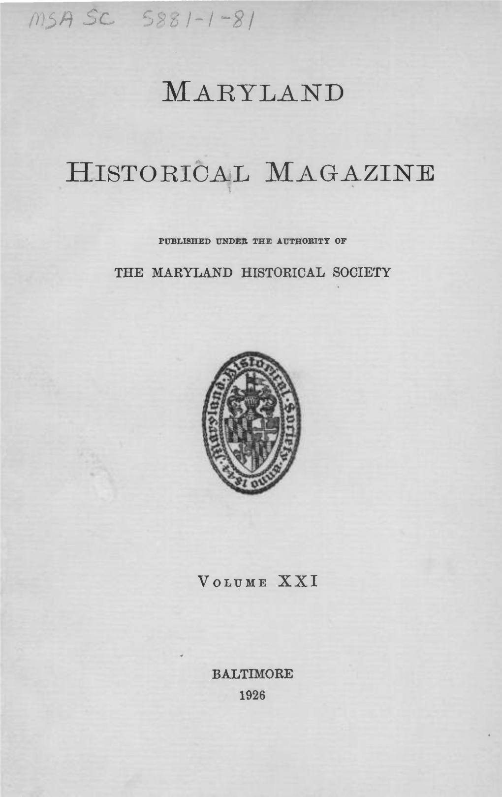 Maryland Historical Magazine, 1926, Volume 21, Issue No. 1