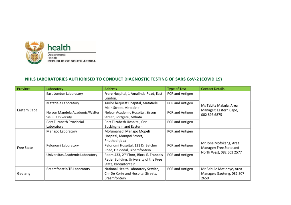 NHLS LABORATORIES TESTING SARS Cov 2 CONTACT DETAILS.Pdf