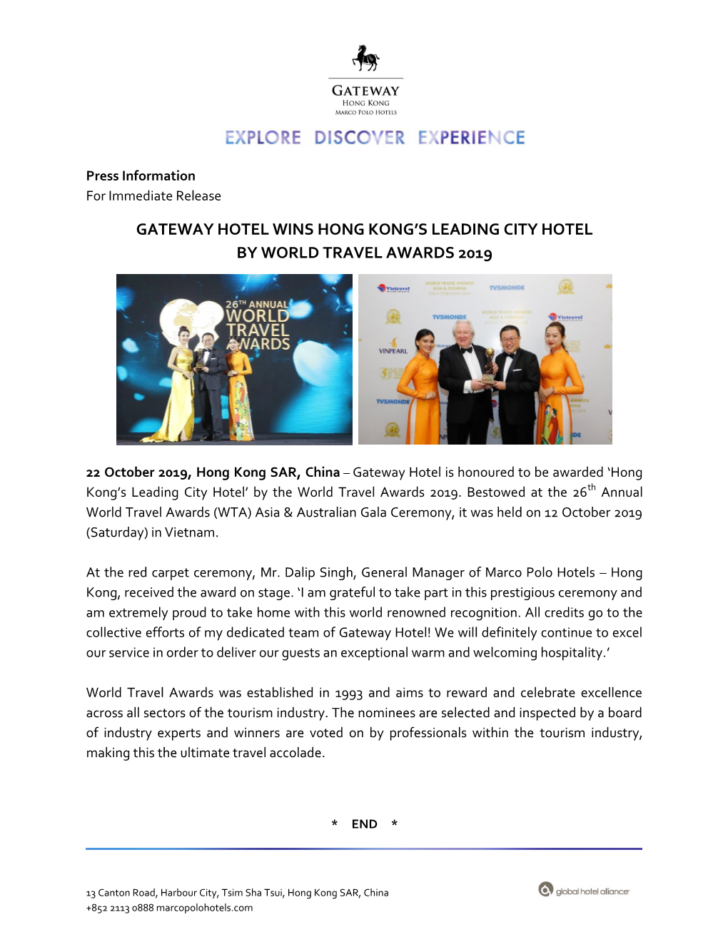 Gateway Hotel Wins Hong Kong's Leading City Hotel By