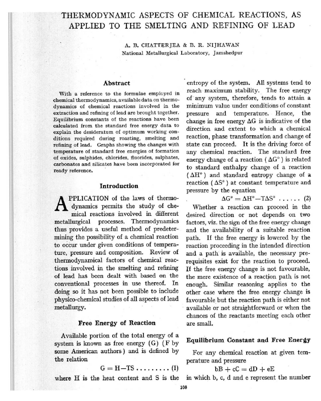 Thermodynamic Aspects of Chemical Reactions, As Applied to the Smelting and Refining of Lead