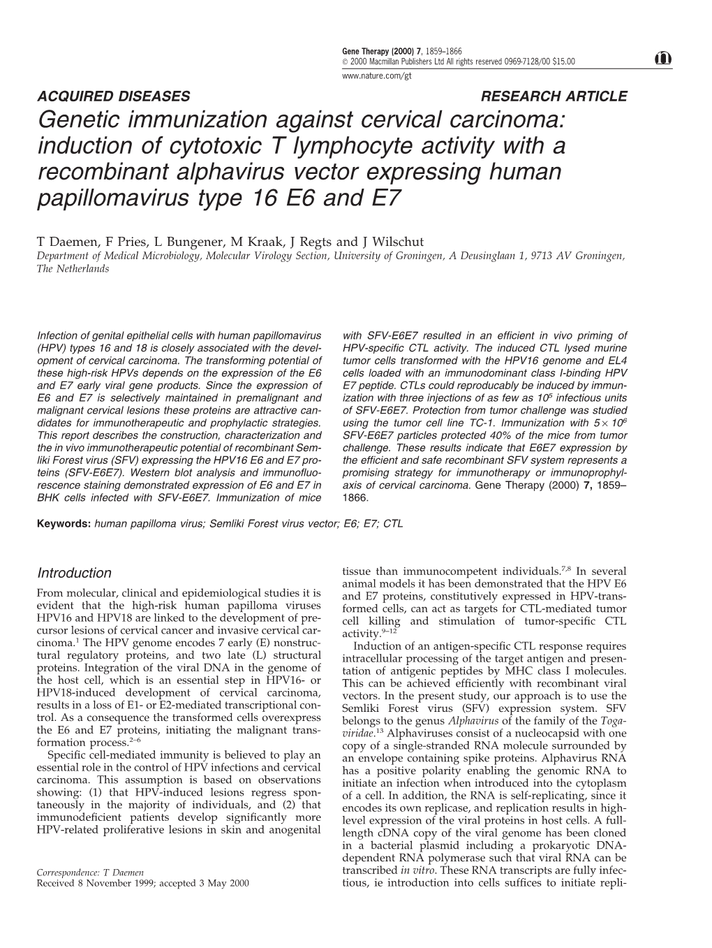 Genetic Immunization Against Cervical Carcinoma