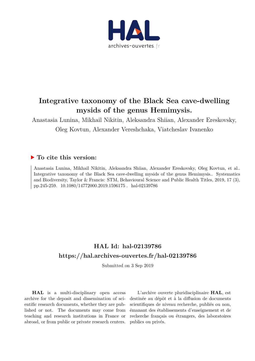 Integrative Taxonomy of the Black Sea Cave-Dwelling Mysids of the Genus Hemimysis