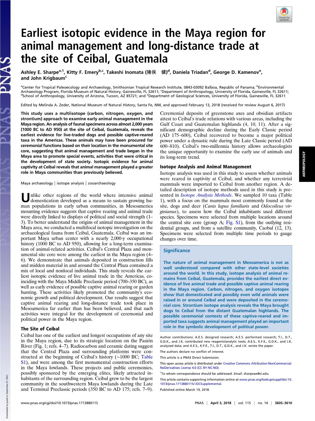 Earliest Isotopic Evidence in the Maya Region for Animal Management and Long-Distance Trade at the Site of Ceibal, Guatemala