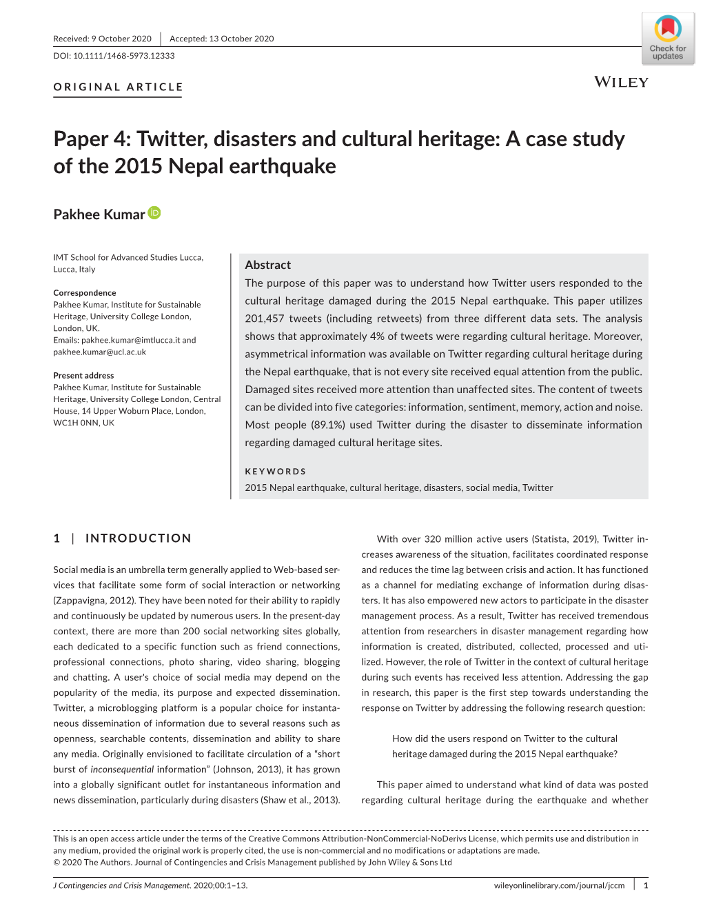 Twitter, Disasters and Cultural Heritage: a Case Study of the 2015 Nepal Earthquake