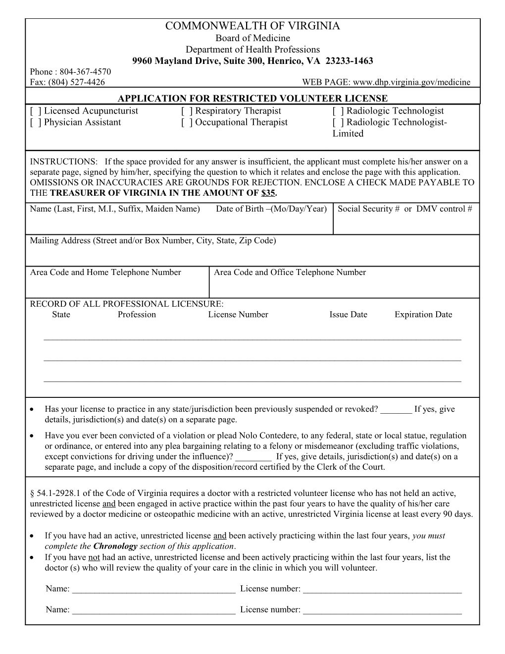 Application for Registration for Volunteer Practice