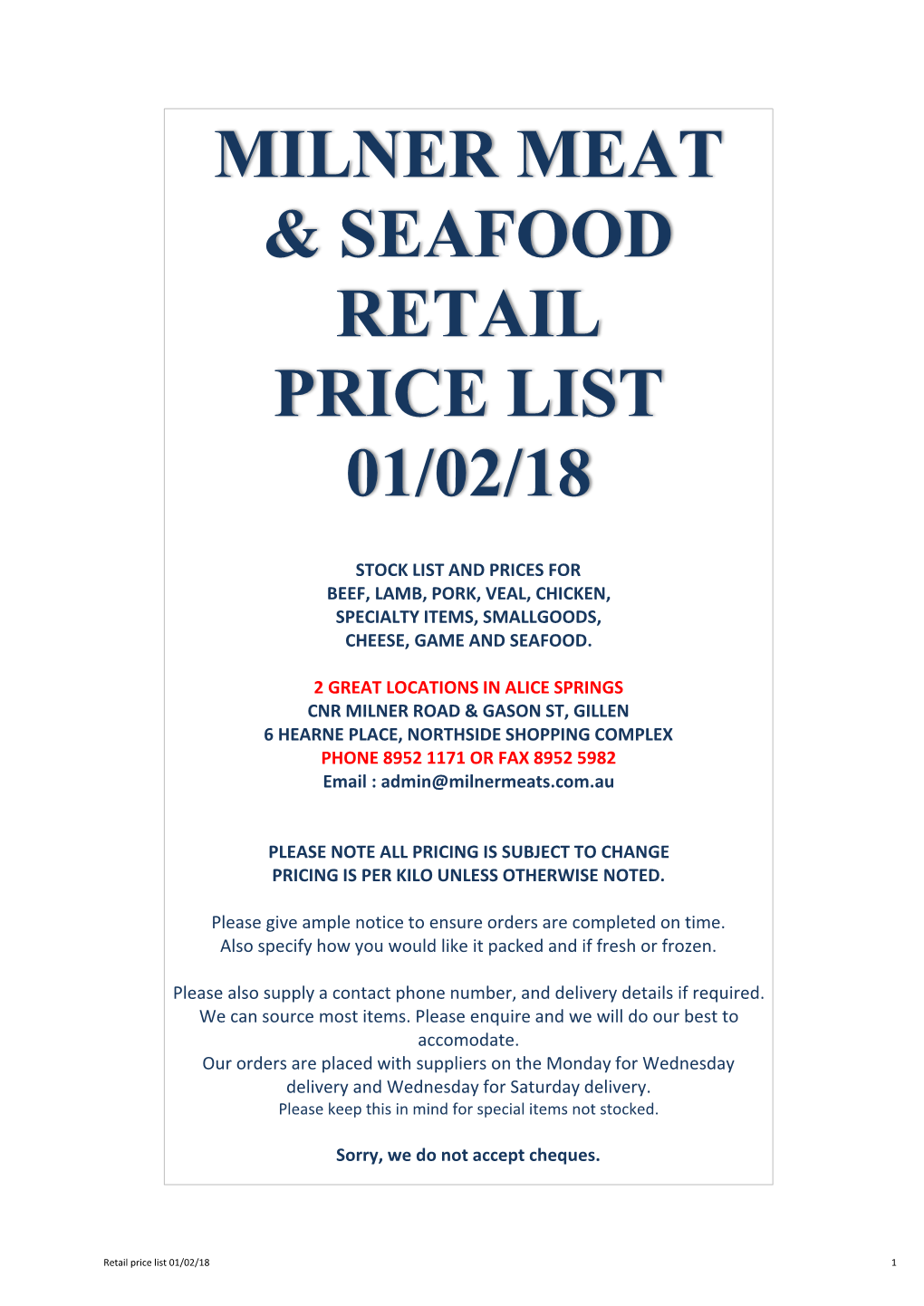 Milner Meat & Seafood Retail Price List 01/02/18