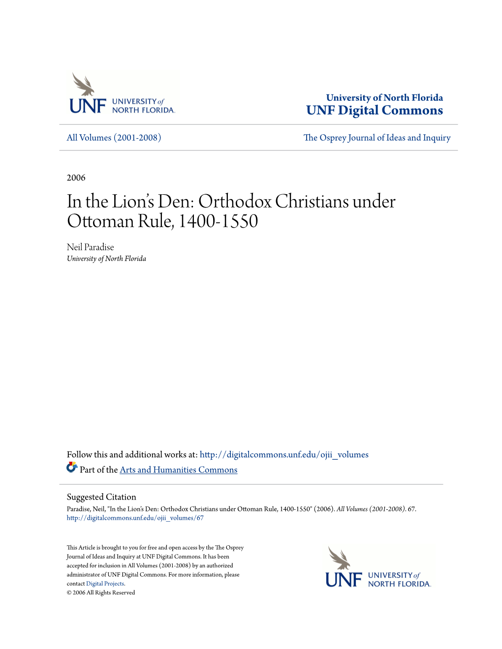 Orthodox Christians Under Ottoman Rule, 1400-1550 Neil Paradise University of North Florida