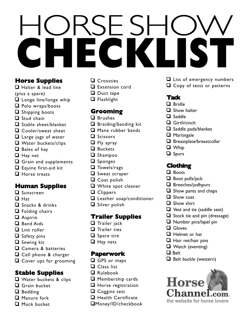 Horse Show Checklist